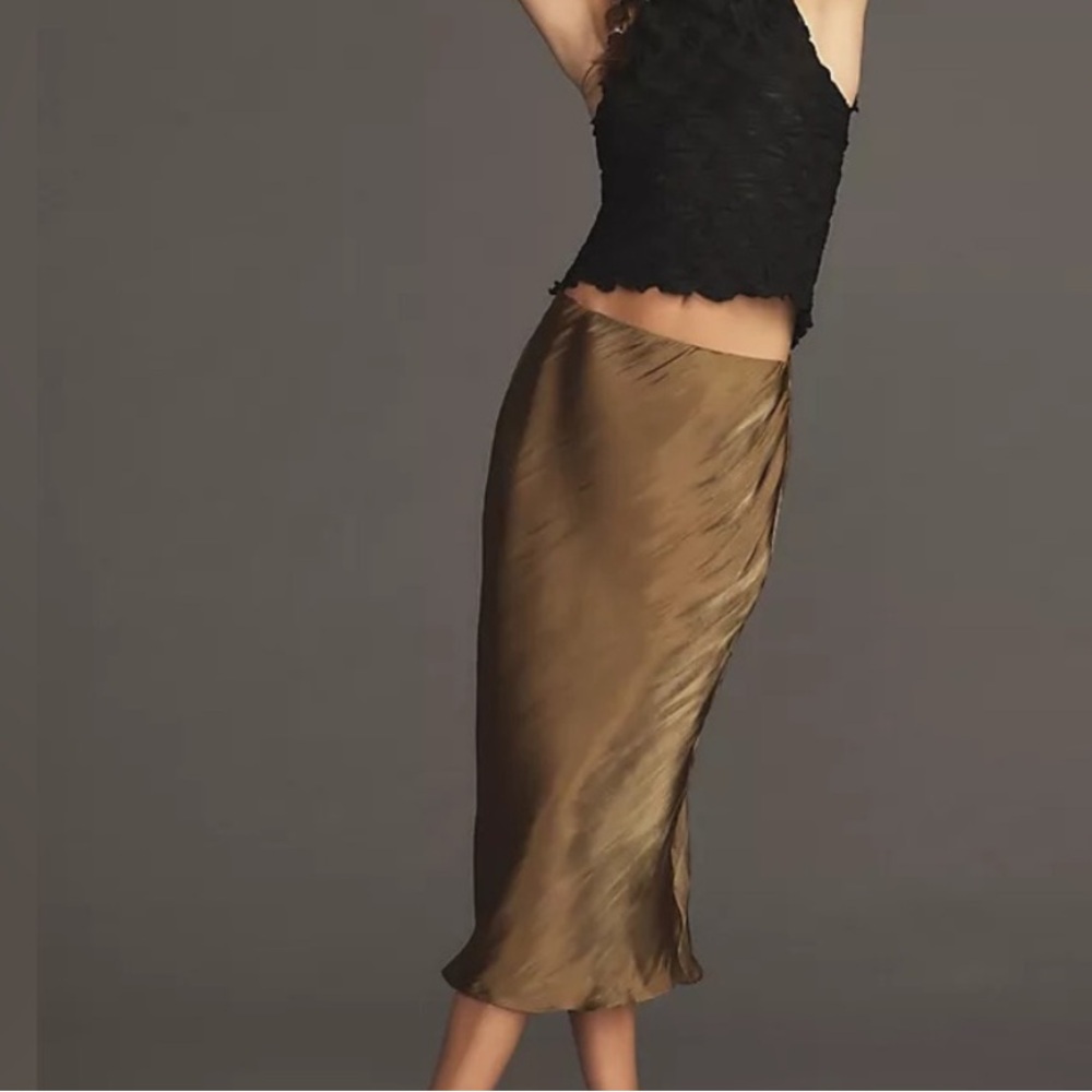 Anthropologie Liquid Shine Midi Skirt - Tan/olive green